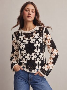 Cloth by Design Black Cream Floral Crochet Cropped Sweater Boho Open Knit Sz M